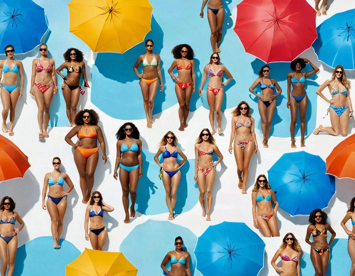 A sunny beach scene showcasing diverse swimwear styles, featuring models of different body types exuding confidence, against the backdrop of vibrant beach umbrellas and clear blue waters. Include stylish sunglasses, beach towels, and colorful flip-flops to emphasize vacation vibes. Use sandy textures and playful waves for ambiance. super-realistic. vibrant colors. white background.